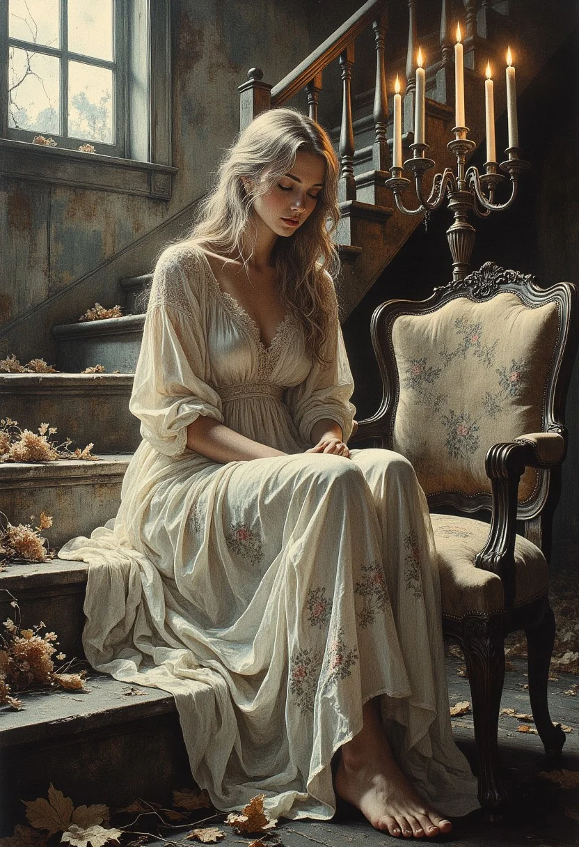 The nightgown is vintage in style, with intricate floral lace patterns that swirl across the translucent fabric, offering fleeting glimpses of her silhouette beneath. The lace catches the soft, silver moonlight filtering through a nearby cracked window, creating a delicate interplay of light and shadow that dances across the gown’s sheer folds. The hem of the nightgown pools gently at her feet, brushing against the dust-coated stair, emphasizing her fragile, ghostly presence.
Her long, ash-blonde hair cascades over her shoulders in loose, slightly tangled waves, framing her contemplative expression. The muted tones of her hair glow faintly under the moon’s silvery light, giving her an ethereal, almost otherworldly aura. A few stray strands fall delicately over her face, enhancing her introspective demeanor. Her head is tilted slightly downward, her eyes partially closed, lost in thought as if reminiscing about a distant memory. Her expression is soft and melancholic, with a touch of nostalgia, her parted lips poised as if whispering to the shadows.
The backdrop of the scene is hauntingly beautiful—a shadowy, grand staircase stretches upwards behind her, its wooden steps creaking under the weight of lost time. The once-majestic banister is chipped and weathered, its intricate carvings obscured by layers of dust and cobwebs. A worn armchair, faded and frayed at the edges, sits forlornly at the base of the stairs, its regal design long forgotten. Its rich, velvet upholstery is now muted and desaturated, echoing the faded grandeur of the manor.
Scattered across the staircase are bunches of dried, dead flowers, their brittle petals curled and colorless, as if frozen in time. They lie in disarray, tangled among the dust and cobwebs, adding an air of abandonment and sorrow. Fallen leaves, crinkled and brittle, are scattered on the floor, whispering of seasons long past. Their presence hints at a broken window somewhere above, letting the outside world intrude upon this forgotten sanctuary.
The only light comes from a tall, ornate candelabra, standing just behind her on the staircase landing. Its candles are partially melted, their flames flickering weakly, casting elongated shadows that dance along the peeling wallpaper. The dim, golden glow from the candelabra contrasts beautifully with the cold moonlight, creating a delicate interplay of warm and cool tones that envelop her in a halo of fragile light. The shifting shadows enhance the melancholic atmosphere, imbuing the scene with a haunting sense of intimacy and nostalgia.
The muted, earthy tones of the decaying setting contrast elegantly with the pale, delicate fabric of her gown and the soft warmth of her skin. The interplay of shadows and light evokes a dreamlike, almost cinematic ambiance, blurring the line between reality and memory. She sits in perfect stillness, a serene figure amidst the decay, embodying quiet introspection and subtle beauty.
This scene is a masterful composition of light, shadow, and texture, capturing the fragile elegance of a lost era. The juxtaposition of her delicate presence against the decaying grandeur of the Victorian manor creates a poignant narrative of nostalgia and longing, evoking a timeless, haunting beauty.