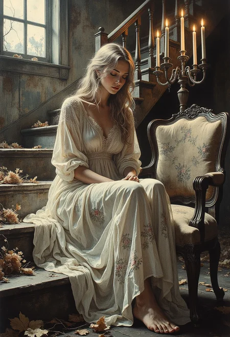 The nightgown is vintage in style, with intricate floral lace patterns that swirl across the translucent fabric, offering fleeting glimpses of her silhouette beneath. The lace catches the soft, silver moonlight filtering through a nearby cracked window, creating a delicate interplay of light and shadow that dances across the gown’s sheer folds. The hem of the nightgown pools gently at her feet, brushing against the dust-coated stair, emphasizing her fragile, ghostly presence.
Her long, ash-blonde hair cascades over her shoulders in loose, slightly tangled waves, framing her contemplative expression. The muted tones of her hair glow faintly under the moon’s silvery light, giving her an ethereal, almost otherworldly aura. A few stray strands fall delicately over her face, enhancing her introspective demeanor. Her head is tilted slightly downward, her eyes partially closed, lost in thought as if reminiscing about a distant memory. Her expression is soft and melancholic, with a touch of nostalgia, her parted lips poised as if whispering to the shadows.
The backdrop of the scene is hauntingly beautiful—a shadowy, grand staircase stretches upwards behind her, its wooden steps creaking under the weight of lost time. The once-majestic banister is chipped and weathered, its intricate carvings obscured by layers of dust and cobwebs. A worn armchair, faded and frayed at the edges, sits forlornly at the base of the stairs, its regal design long forgotten. Its rich, velvet upholstery is now muted and desaturated, echoing the faded grandeur of the manor.
Scattered across the staircase are bunches of dried, dead flowers, their brittle petals curled and colorless, as if frozen in time. They lie in disarray, tangled among the dust and cobwebs, adding an air of abandonment and sorrow. Fallen leaves, crinkled and brittle, are scattered on the floor, whispering of seasons long past. Their presence hints at a broken window somewhere above, letting the outside world intrude upon this forgotten sanctuary.
The only light comes from a tall, ornate candelabra, standing just behind her on the staircase landing. Its candles are partially melted, their flames flickering weakly, casting elongated shadows that dance along the peeling wallpaper. The dim, golden glow from the candelabra contrasts beautifully with the cold moonlight, creating a delicate interplay of warm and cool tones that envelop her in a halo of fragile light. The shifting shadows enhance the melancholic atmosphere, imbuing the scene with a haunting sense of intimacy and nostalgia.
The muted, earthy tones of the decaying setting contrast elegantly with the pale, delicate fabric of her gown and the soft warmth of her skin. The interplay of shadows and light evokes a dreamlike, almost cinematic ambiance, blurring the line between reality and memory. She sits in perfect stillness, a serene figure amidst the decay, embodying quiet introspection and subtle beauty.
This scene is a masterful composition of light, shadow, and texture, capturing the fragile elegance of a lost era. The juxtaposition of her delicate presence against the decaying grandeur of the Victorian manor creates a poignant narrative of nostalgia and longing, evoking a timeless, haunting beauty.