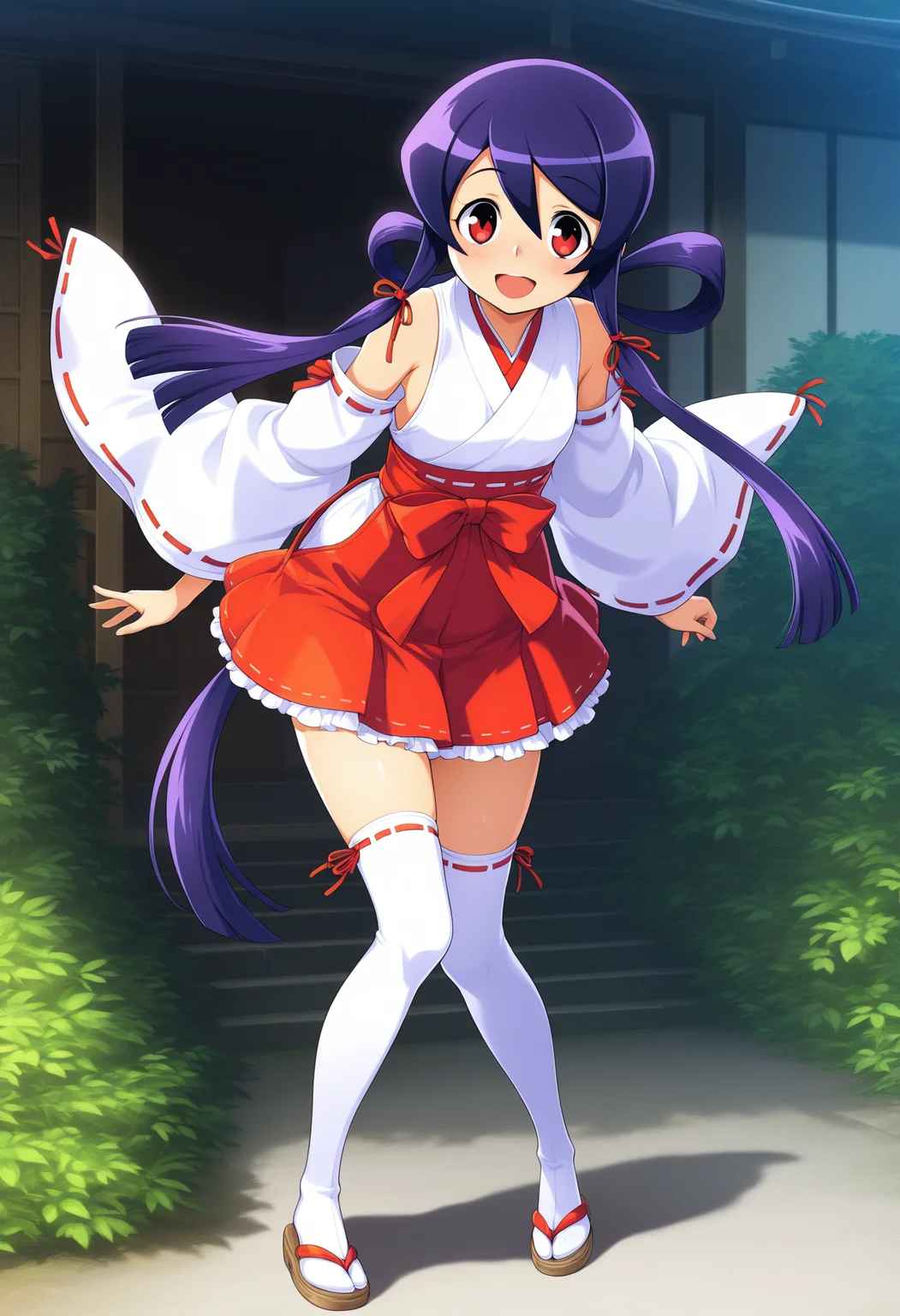kaidou_akane, purple hair, red eyes, long hair, sidelocks, teenage,
ribbon trim, red ribbon, white detached sleeves, white japanese clothes, red short hakama, red skirt, thighâhigh white socks with frills, miko, zettai ryouiki, sandals
<lora:kaidou_akane(yajikita douchuuki)_Illustrious-XL-1.1-v1:1>, masterpiece,best quality,amazing quality, 1girl, solo, standing, (dynamic pose) , blush,open mouth,light smile,
looking at viewer,(upper body, close-up),
(outdoors)