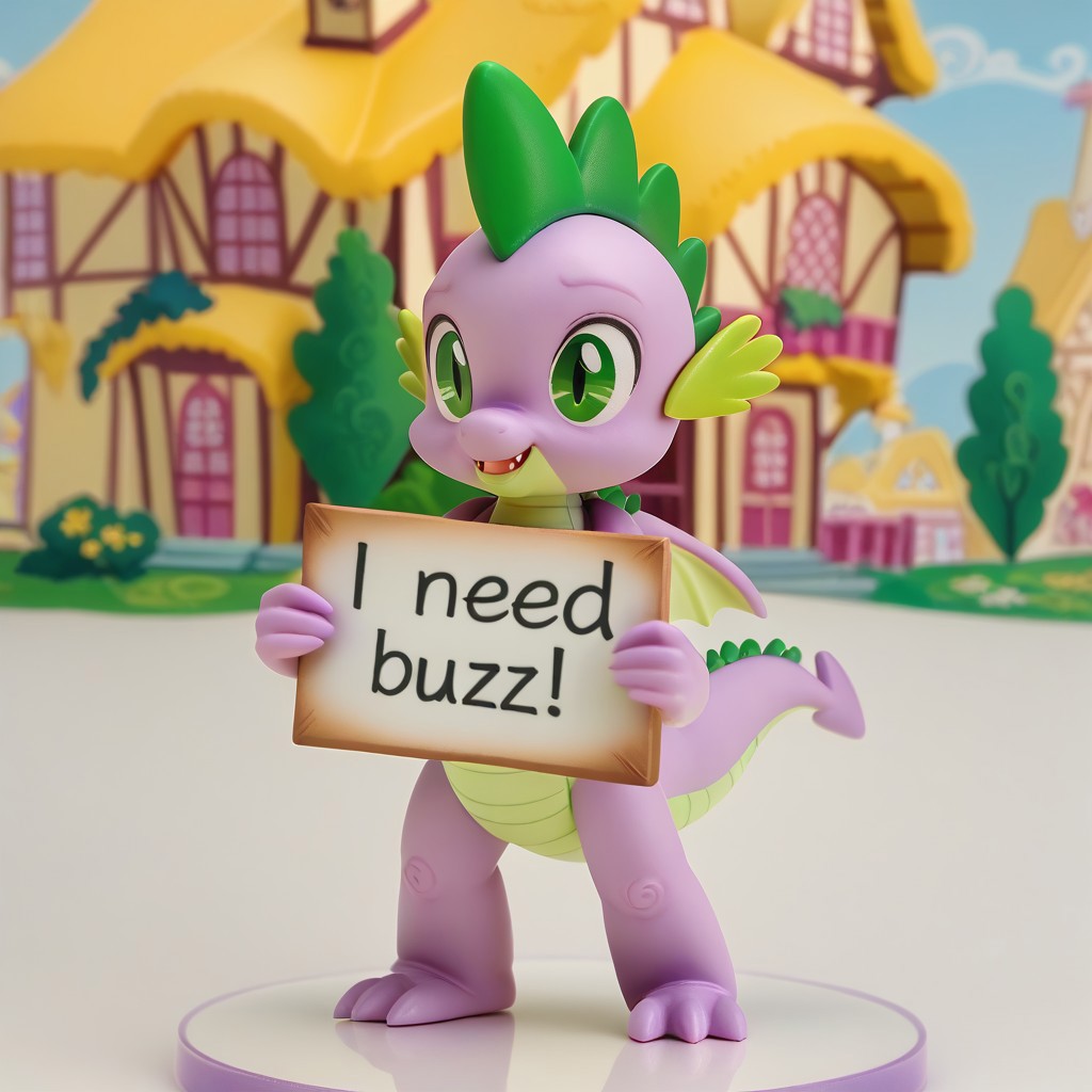 My little pony, Spike the dragon, Mlp, 1boy, Solo, Male, Furry anthro dragon, Scalie, Small, Green hair, Green eyes, Light purple skin, Figure, Ponyville, Buzz, need_buzz, holding sign,