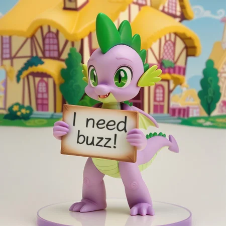 My little pony, Spike the dragon, Mlp, 1boy, Solo, Male, Furry anthro dragon, Scalie, Small, Green hair, Green eyes, Light purple skin, Figure, Ponyville, Buzz, need_buzz, holding sign,