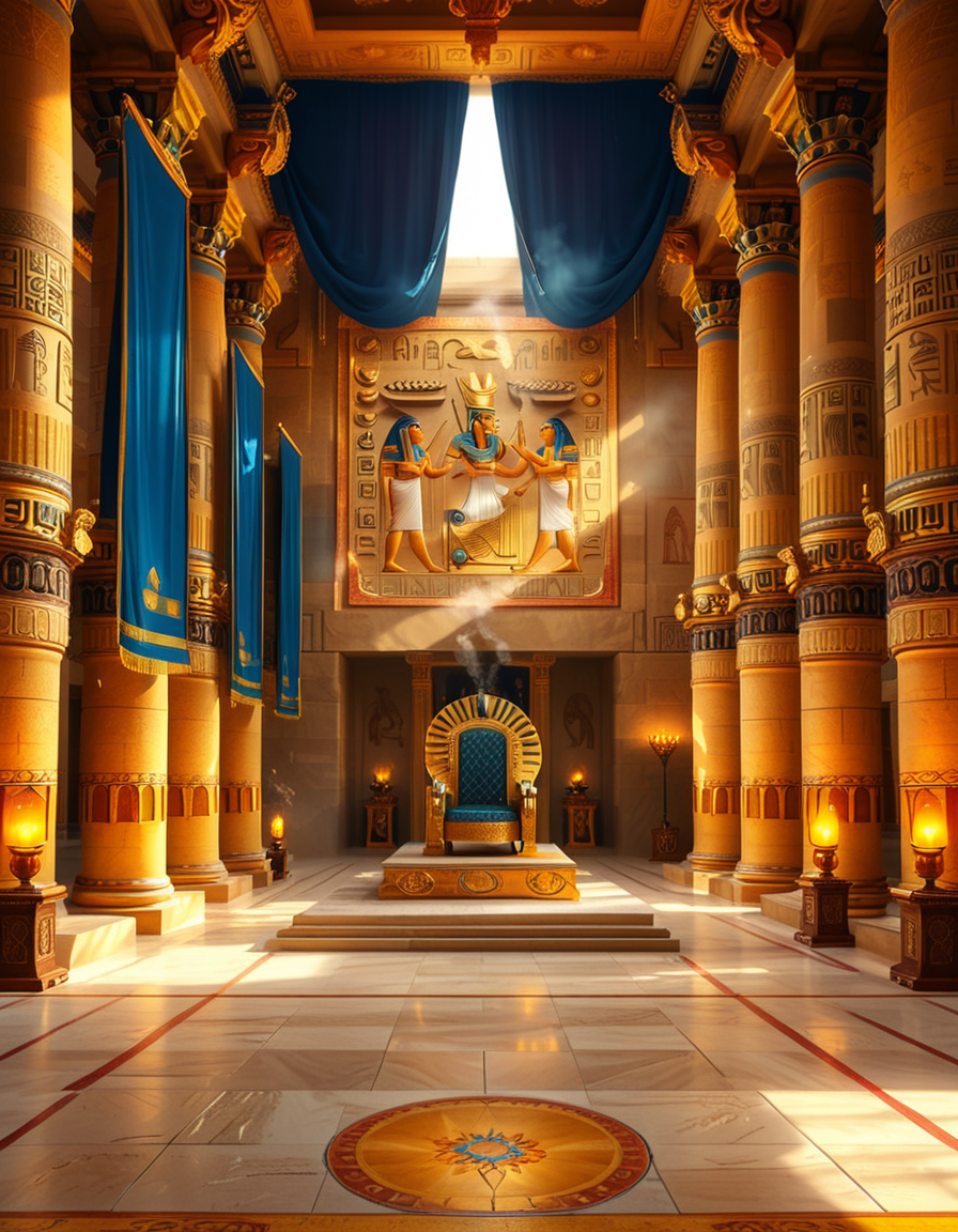 A grand and majestic ancient Egyptian throne room, illuminated by the warm glow of oil lamps and torches mounted on the intricately carved sandstone walls. The room is vast, with towering columns adorned with gold-inlaid hieroglyphs and bas-reliefs depicting gods such as Ra, Osiris, and Anubis, as well as scenes of royal ceremonies and offerings. The walls are covered with colorful frescoes, painted in deep shades of blue, red, and gold, telling the stories of ancient pharaohs and their divine rule.
At the center of the hall, an ornate golden throne rests atop a raised stone platform, accessible by a few steps. The throne is adorned with intricate carvings of winged sun disks, sacred cobras, and falcon motifs, symbolizing power and divine protection. The seat and backrest are encrusted with lapis lazuli, turquoise, and carnelian, creating a striking contrast against the polished gold. Two large stone statues of sphinxes flank the throne, their watchful eyes seeming to guard the empty seat of power.
The polished limestone floor reflects the flickering golden light of the torches, creating an almost mystical atmosphere. Large braziers shaped like lotus flowers release thin trails of fragrant incense smoke, adding to the sacred and mysterious ambiance of the room.
In the background, massive stone doors, partially open, reveal a glimpse of an open courtyard with palm trees and a distant view of the Nile River under a twilight sky. Through the high ceilings, small openings allow beams of moonlight to filter in, casting soft silver highlights across the chamber, blending with the warm tones of the torchlight.
The atmosphere is one of silence, mystery, and timeless majesty, as if the room has been left untouched for centuries, awaiting the return of a forgotten ruler.
<lora:SDXLFaeTastic2400:0.4> <lora:extremely_detailed:0.4> extremely detailed, <lora:ancient_Egyptian_thr0n3_r00m:1>,ancient Egyptian thr0n3 r00m, Masterpiece,best quality,hi res,8k,hi res,8k,award winning,(sharp focus, intricate, highly detailed),