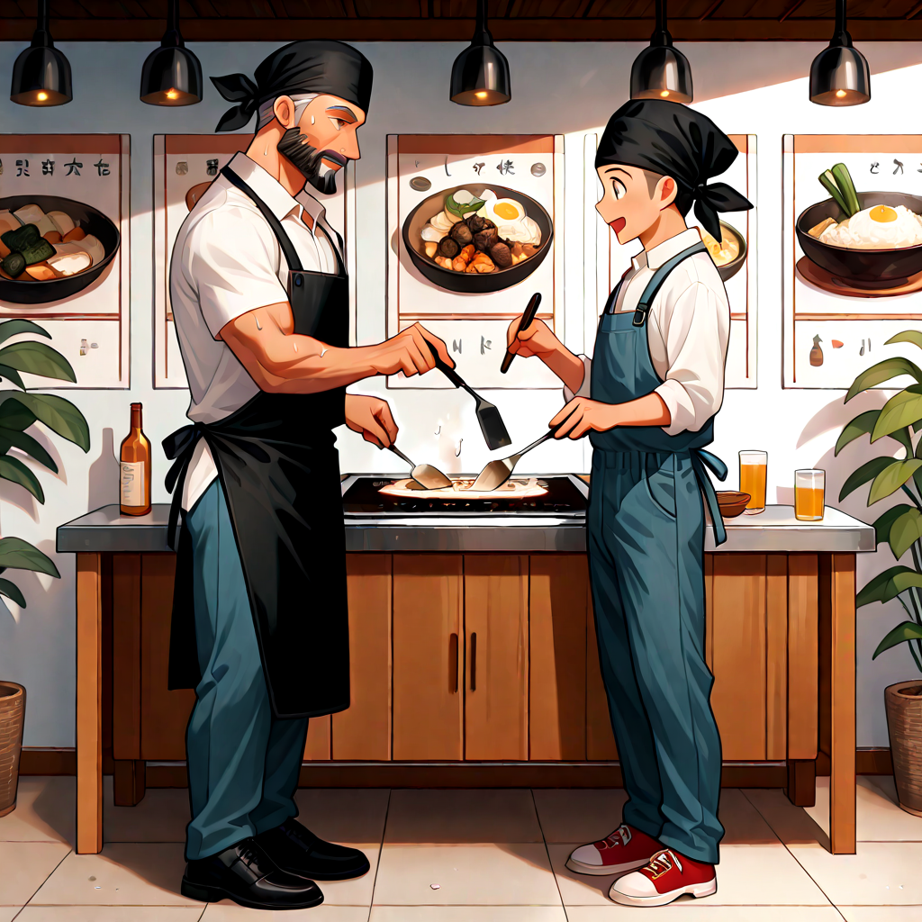 absurdres, explicit, 2boys, teppanyaki grilling, food on teppan, cooking, holding, restaurant, sweat, collared shirt, overalls, apron, potted plant, cooking table, standing, steam, steaming food, full body, shoes, profile, looking at another, old man, male focus, muscular male, beard, facial hair, black bandana, black headscarf, thumb up, 6+others, 6+boys, 6+girls, <lora:girlliketeppanyakigrilling_ilxl:1>