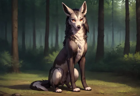 score_9, score_8_up, score_7_up, ultra hi res, by reallynxgirl, uploaded on e621, rating_safe, safe content, 3d, ((feral)),  feral wolf, female, solo, mightyena, bedroom, sitting, forest, detailed background