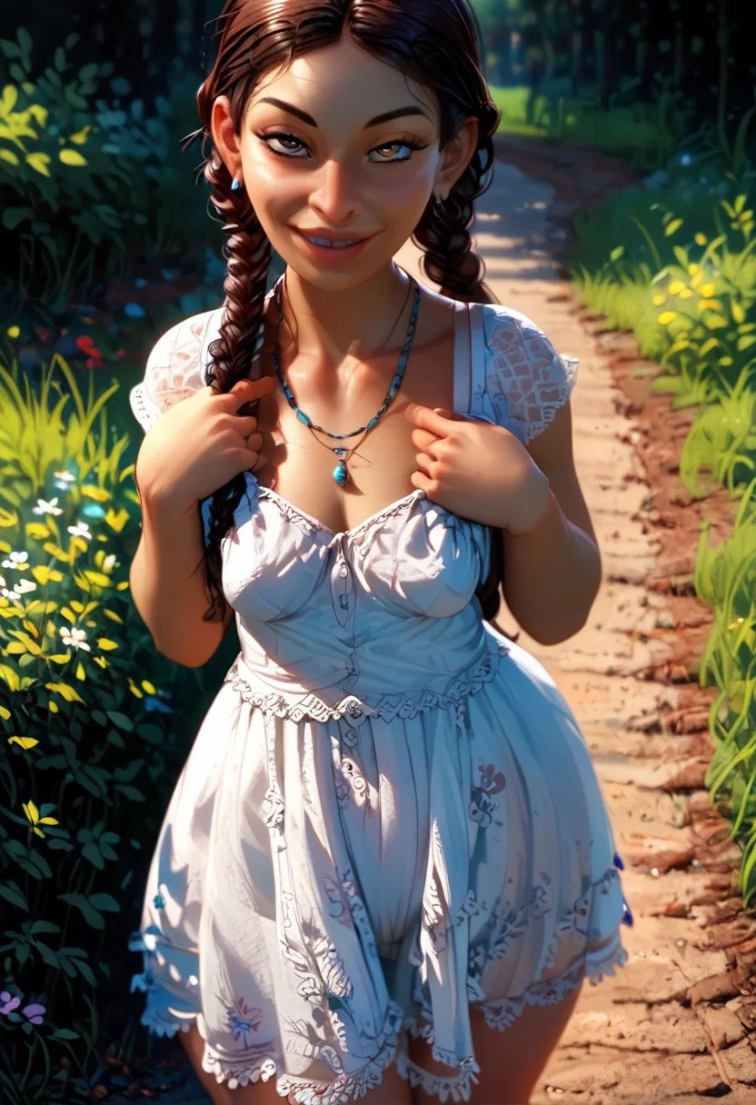 xaxaxa 1_style, score_9, score_8_up, score_7_up, 1girl, park background, picnic, undressing, focus from above, naughty smile, looking at viewer, standing straight, seductive expression, dappled lighting, (backlighting:0.7), twin braids, Denise-loml, brown eyes, cameltoe, white dress, lifting dress, bottemless