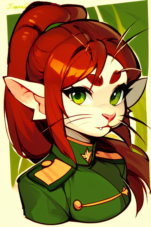 (ariral:1.1), female, white body, red long hair, ponytail, green eyes, cute fangs, whiskers, military uniform, full body portrait, standing, by bzeh <lora:ariral xl 1024 v1.1 rank128 pony:1>, score_9, score_8_up, score_7_up, score_6_up, score_5_up, score_4_up