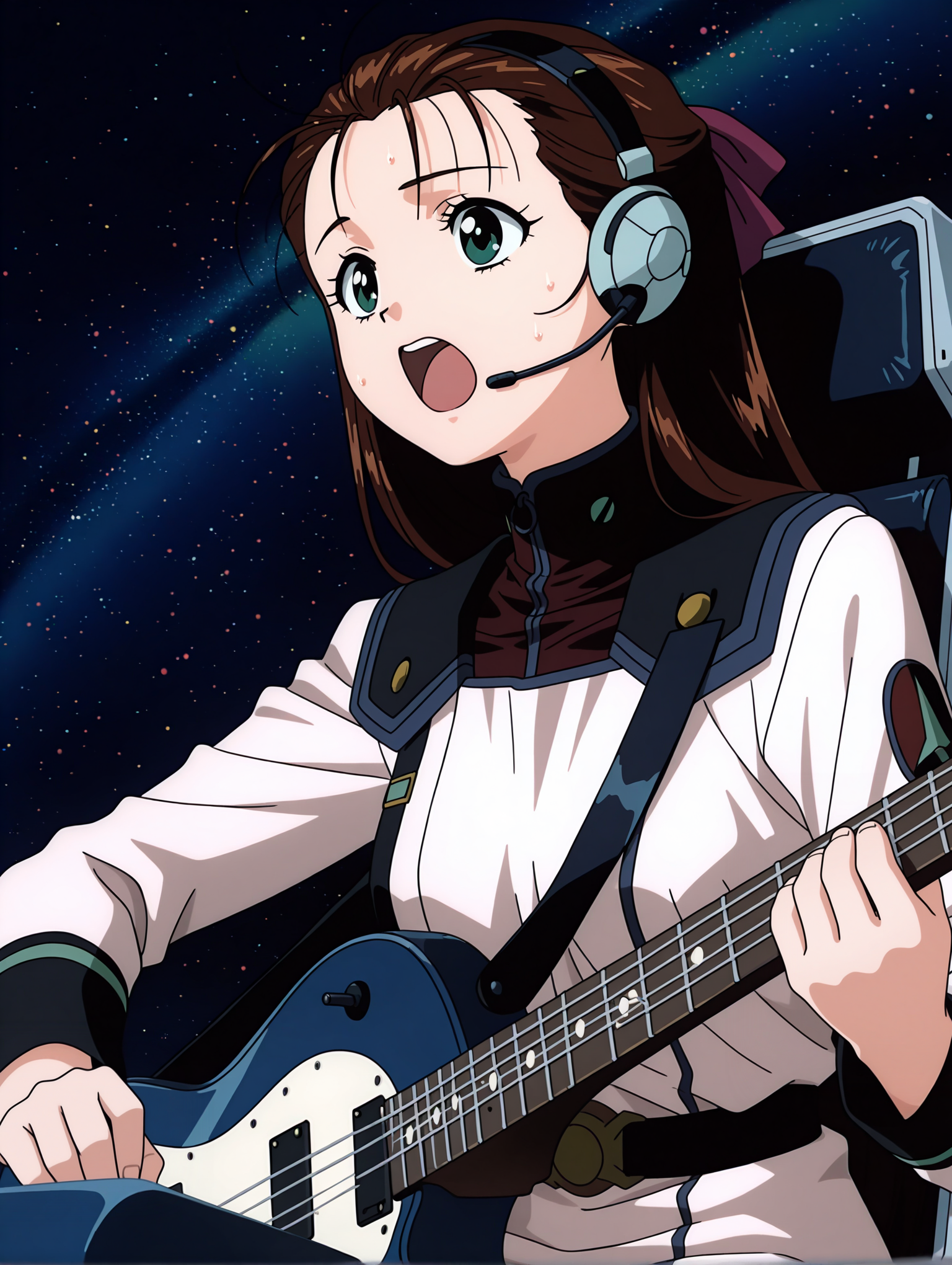 masterpiece,best quality,newest,1girl,solo,
<lora:miho_miho_ilxl_v1.2:1>,miho_miho,green eyes,m_hs,single ear headset,m_clothes,
anime screencap,<lora:Fixhands_anime_bdsqlsz_V1:1>,looking ahead,face_focus,front view,dutch angle,upper_body,simple_background,panorama,wide_shot,<lora:gundamallviewmoniter:1>,gundamallviewmoniter,cockpit,sitting,grip console,space,galaxy,looking_down,singing,sweat,open mouth,guitar,holding instrument,panicking,