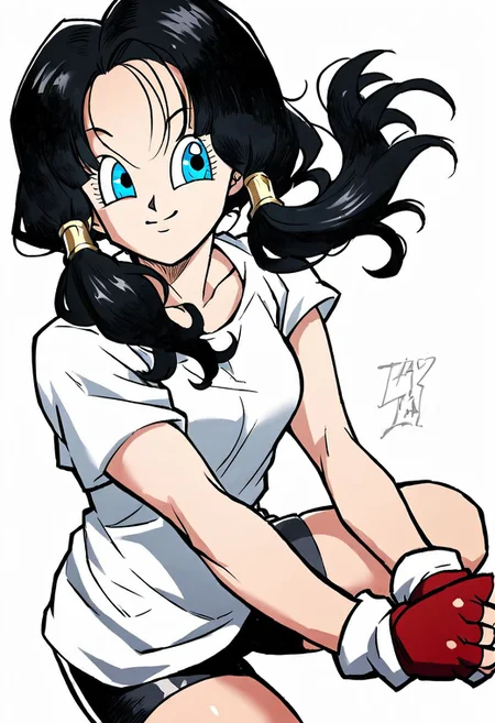score_9_up, score_8_up, score_7_up, Score_6_up, Score_5_up, Score_4_up, source_anime, (masterpiece, perfectly detailed, detailed face, detailed eyes, beautiful eyes), (ultra HD quality details), 8K, extremely detailed, highres, Mevak_PS, videldbz, black hair, blue eyes, 1girl, bike shorts, black hair, blue eyes, breasts, closed mouth, fingerless gloves, gloves, long hair, looking at viewer, shirt, simple background, smile, solo, twintails, white background, white shirt