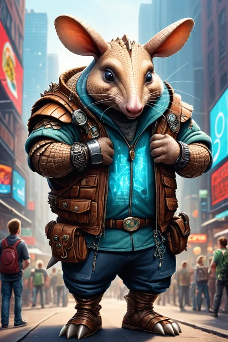 Detailed digital illustration of an anthro Armadillo (Looking at a watch, anticipation) at a Holographic news displays on urban billboards, <lora:xl_more_art-full_v1:0.5>,  <lora:anthro_muscular:0.7> , <lora:madpunk:0.4> madpunk
