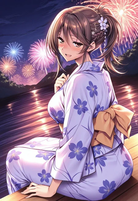 general,highres, ultra-detailed,very aesthetic,best quality ,best hands,masterpiece, best quality, newest, highres, score_9, score_8_up, score_7_up, source_anime, rating_explicit,1girl, yokota mamoru style,motion lines,Very straight nose,slim,slender face,perfect nose,torogao,seductive smile,looking at the viewer
Ichinose Honami,Brown hair, hair Parted to Side, Sidehair, Spiky Bangs, Waist Length hair,long hair,amber eyes,slim
1girl, japanese clothes, fireworks, kimono, brown hair, long hair, solo, hair ornament, ponytail, yukata, outdoors, blush, night, brown eyes, open mouth, floral print, sash, smile, obi, sitting, water, bangs, braid, looking back