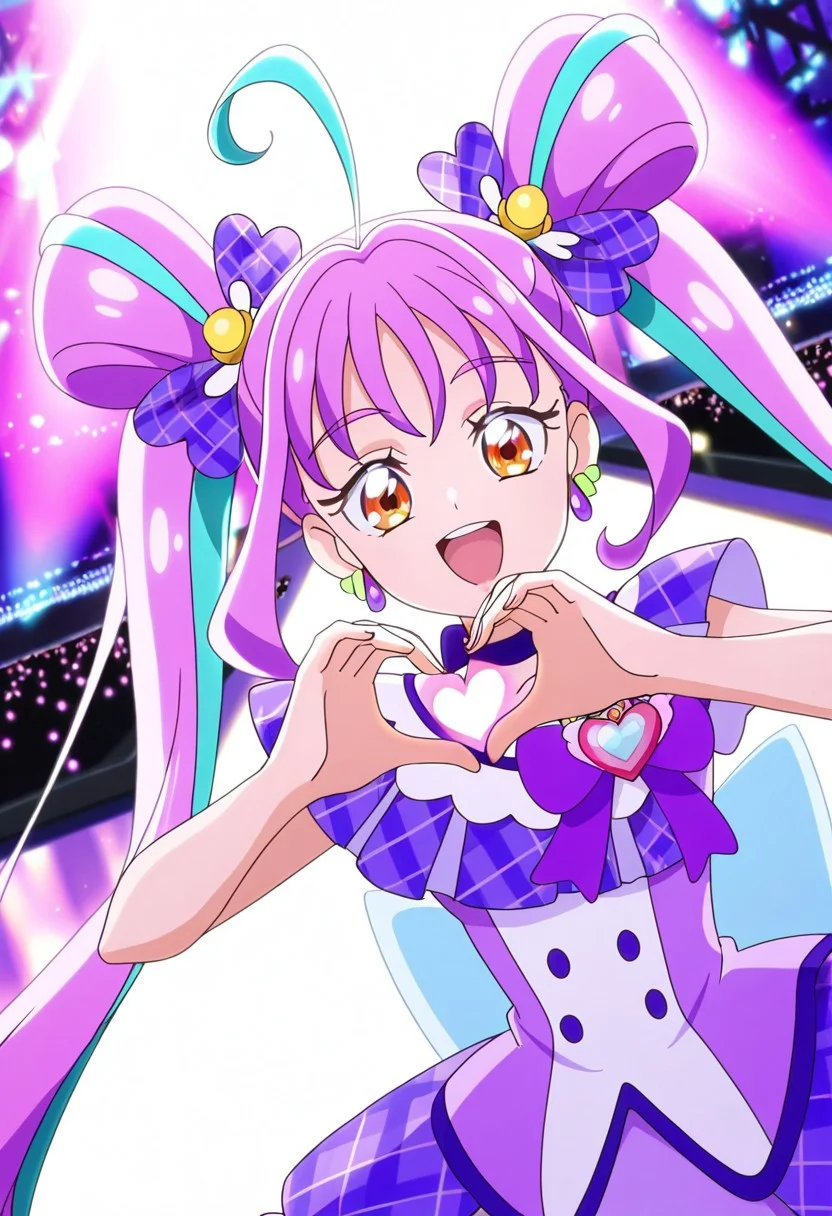 general,highres, ultra-detailed,very aesthetic,best quality ,best hands,best eyes,easynegative,
dynamic anglre, dutch angle, anime cloring,anime screencap,
1girl solo,looking at viewer,concert hall,on stage,light,singing,smile,open mouth,heart shaped hands,
Cure Kyunkyun,purple hair,twintails,multiclored hair,amber eyes,small breasts,short body,ahoge,hair ornaments,hair ribbon,butterfly ribbon,purple ribbon,earrings,jeweries,idol costume,