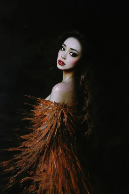 talo1 painting.
a close-up back view of a woman, turning her head side ways. She is adorned with a white face and red lipstick. The woman's eyes are adorned with black eye liner, adding a touch of contrast to her white skin. Her hair is cascading down her shoulders, framing her face. She is wearing a long, flowing dress, adorned in a vibrant orange and white pattern. Her dress is adorned with long, dark brown feathers, adding depth to the composition. The background is a dark, ominous looking space.
<lora:talo1_cap_d6a3e15:1.0><lora:828767399504495157:0>