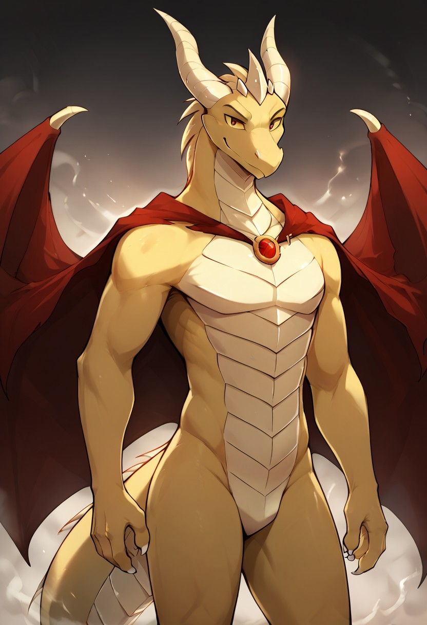 score_9, score_8_up, score_7_up, solo male, manly, anthro, dragon, dragon-clovis-twokinds, red eyes, yellow sclera, dragon tail, cape-wings, dragon wings, nude, featureless crotch, looking at viewer, cowboy shot,