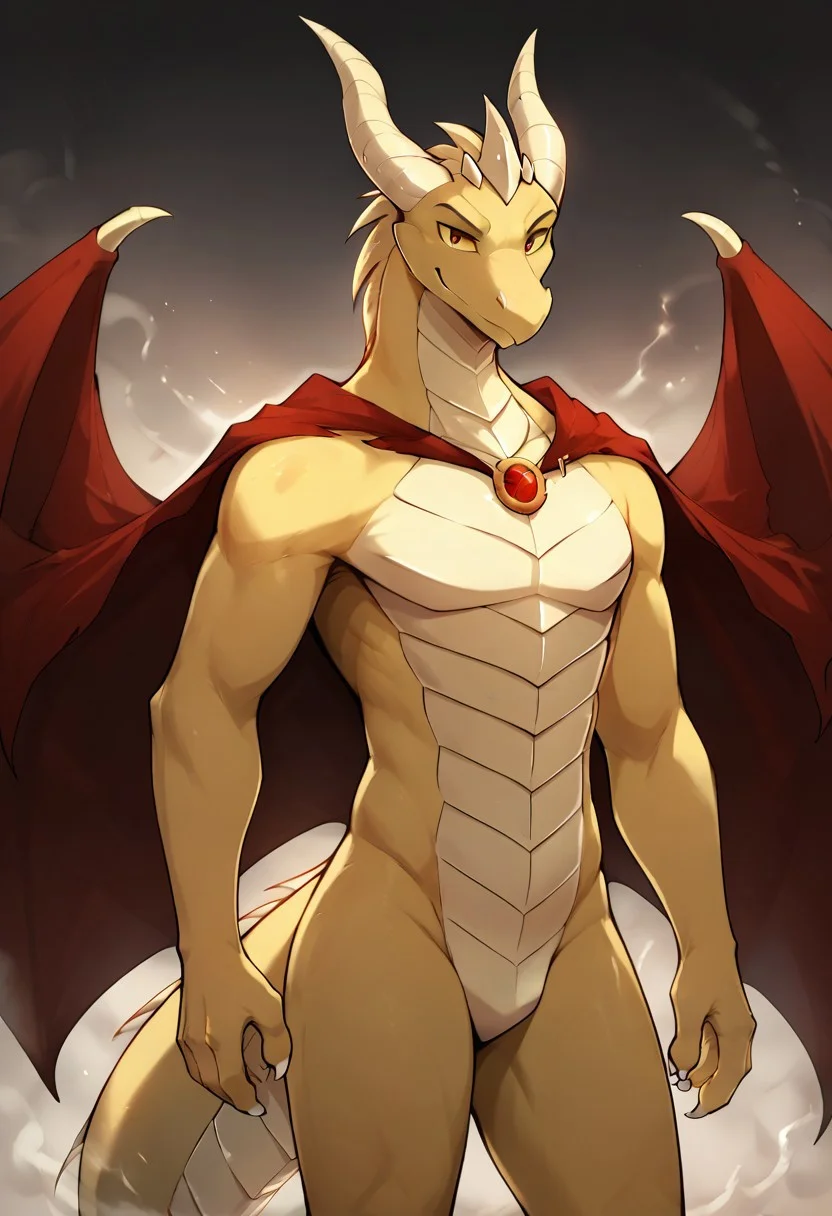 score_9, score_8_up, score_7_up, solo male, manly, anthro, dragon, dragon-clovis-twokinds, red eyes, yellow sclera, dragon tail, cape-wings, dragon wings, nude, featureless crotch, looking at viewer, cowboy shot,