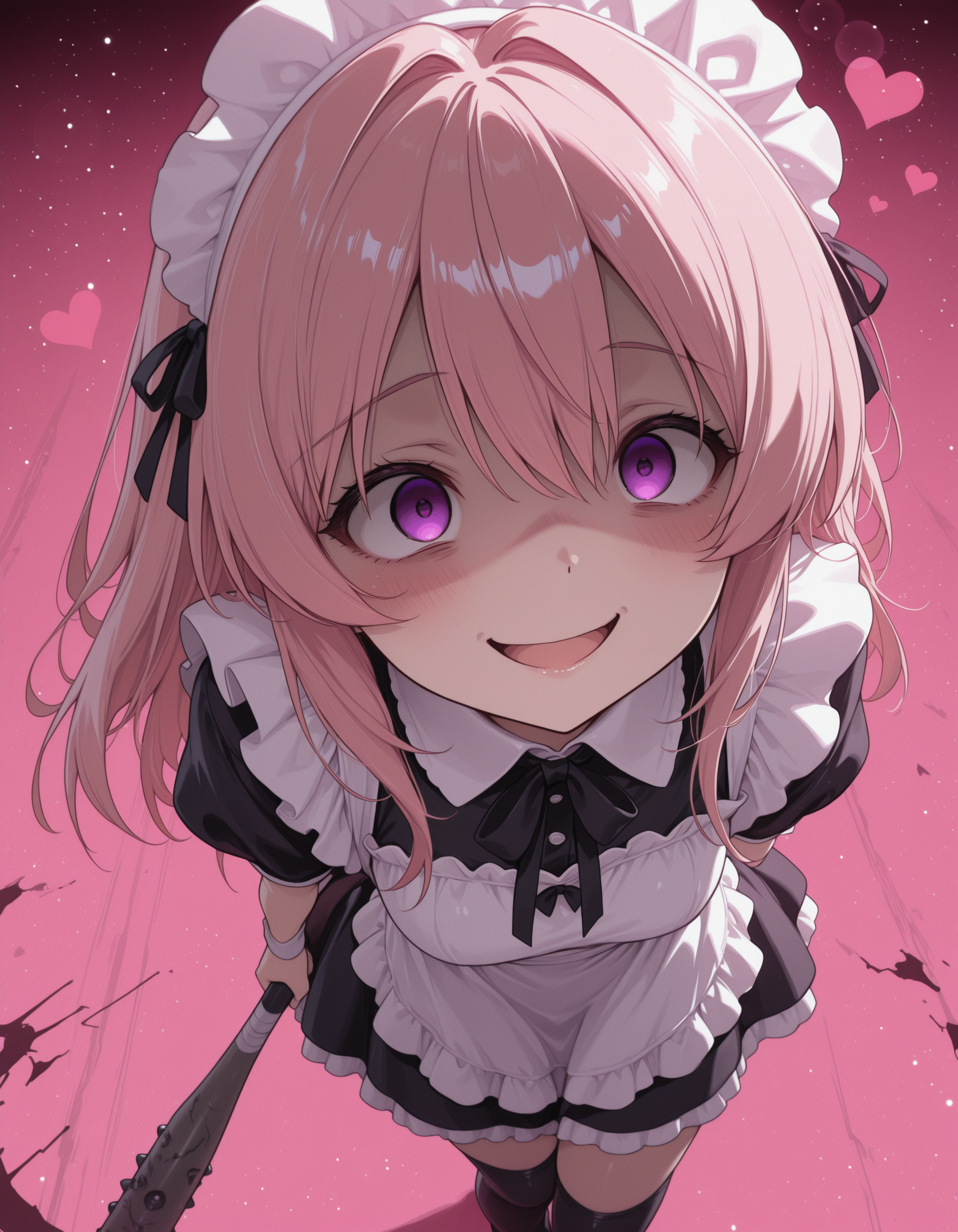 [Base Prompt] 1girl, CivChan, from above, stepping, holding baseball bat, lens flare, hearts, simple pink background, yandere, sinister, masterpiece, best quality, amazing detail, high definition // [Regional Prompting] [Region 1] soft focus, CivChan, purple eyes, pink hair, yandere, maid outfit, grinning, black thighhighs, [Region 2] destroyed robot, blue robot, wires, android, spiked baseball bat,
