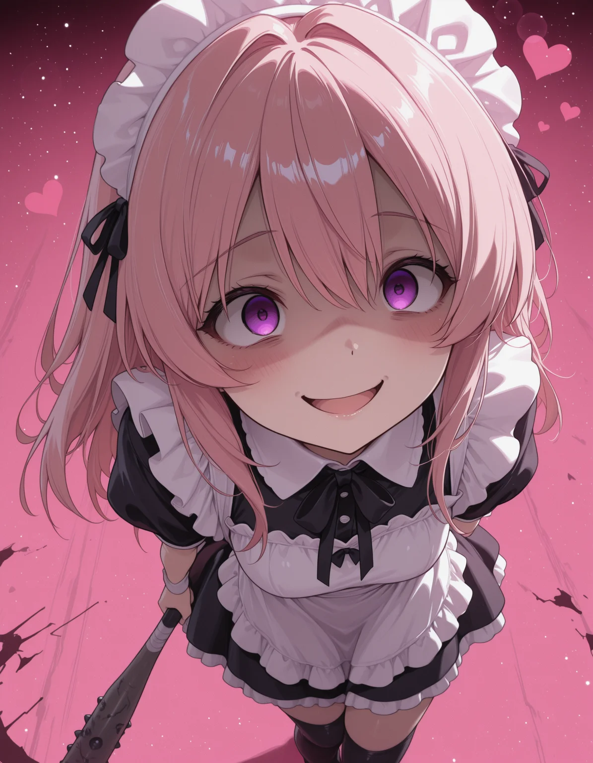 [Base Prompt] 1girl, CivChan, from above, stepping, holding baseball bat, lens flare, hearts, simple pink background, yandere, sinister, masterpiece, best quality, amazing detail, high definition // [Regional Prompting] [Region 1] soft focus, CivChan, purple eyes, pink hair, yandere, maid outfit, grinning, black thighhighs, [Region 2] destroyed robot, blue robot, wires, android, spiked baseball bat,