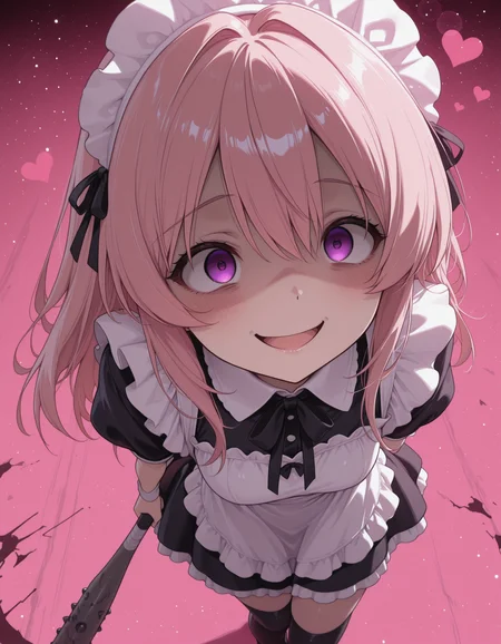 [Base Prompt] 1girl, CivChan, from above, stepping, holding baseball bat, lens flare, hearts, simple pink background, yandere, sinister, masterpiece, best quality, amazing detail, high definition // [Regional Prompting] [Region 1] soft focus, CivChan, purple eyes, pink hair, yandere, maid outfit, grinning, black thighhighs, [Region 2] destroyed robot, blue robot, wires, android, spiked baseball bat,