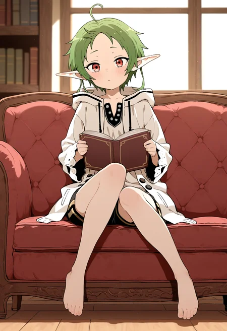 masterpiece,best quality,amazing quality,
1girl, pointy ears, book, red eyes, barefoot, solo, green hair, sitting, holding, short hair, looking at viewer, open book, ahoge, hood, white jacket, indoors, toes, feet, holding book, long sleeves, hood down, bare legs, drawstring, jacket, closed mouth, full body, hoodie, window, shorts, shirt, bangs,
sylphiette \(mushoku tensei\), 
<lora:Lativi_V2_epoch_10:1>