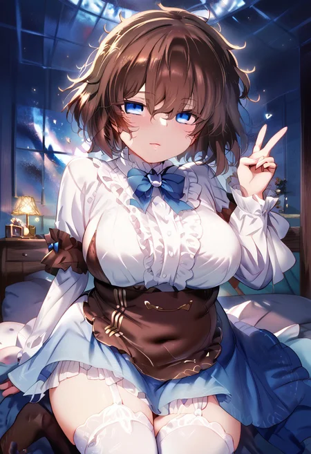 score_9, score_8_up, score_7_up, source anime,
masterpiece, best quality, detailed, amazing quality,
detailed background, bedroom,
detailed eyes, clean eyes,
dynamic pose, V,
solo, 1woman, woman,
easynegative,
M-Da_S-Tarou,
slutty_m3l0dy, pale skin, short hair, blue eyes, dark brown hair, messy hair, curvy, chubby, big breasts, bow, frilly, cute, headbow, ribbon, cute dress, stockings