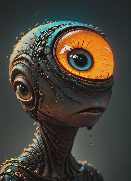 cinematic photo big eyed alien, in the style of textured illustrations, dark gray and bronze, online sculpture, naoto hattori, jeremy lipking, dark sky-blue and orange neon glitch <lora:GigerRainbowXL:0.49> g1h3r <lora:MJ52:0.7> <lora:Retro_Ink_SDXL:0.38> retro ink <lora:sss:0.8> <lora:Niji_glitch__neon_aesthetic:0.8> <lora:linquivera:0.38> linquivera, liiv1 <lora:Melting_world:0.36>, subsurface scattering, Photorealistic, Hyperrealistic, analog style, realistic, film photography, soft lighting, heavy shadow, 35mm photograph, film, professional, 4k, highly detailed