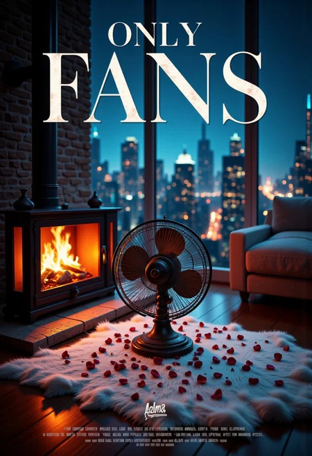 an image of an artistic movie poster featuring an old slightly rusted box fan posing in a highrise apartment with wall-to-wall glass looking onto a beautiful city at night. rose petals are sprinkled on a white fur rug on the floor of the apartment next to a fireplace. the glow of the fireplace illuminating the box fan as it is the main focus, dutch angle. (Written across the top of the poster in a bold font with text:"ONLY FANS", followed by a small logo. The whole poster has a lightly romantic feel. bo-exposure, aidmaHyperrealism, aidmaimageupgrader, aidmatextimprover