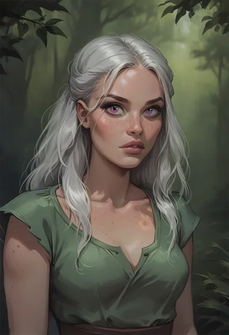score_9, score_8_up, score_7_up, solo, high quality, 1girl, small teardrop  breast, white hair, long hair, bright pink eyes, 20-year-old, amazing thighs, wide hips, detail face,  black makeup, gorgeous, cheekbone lines, very beautiful, looking at viewer, lush lips, dynamic pose realistic, Expressiveh, feminine, realistic, freckles,  puffy lips, smooth body lines, (upper body view, woman), detailed skin, realistic skin, detailed skin pore, skin texture style, realistic skin, skinny girl, nymph, tunic, in the dark forest, lusky, concept art, realistic,