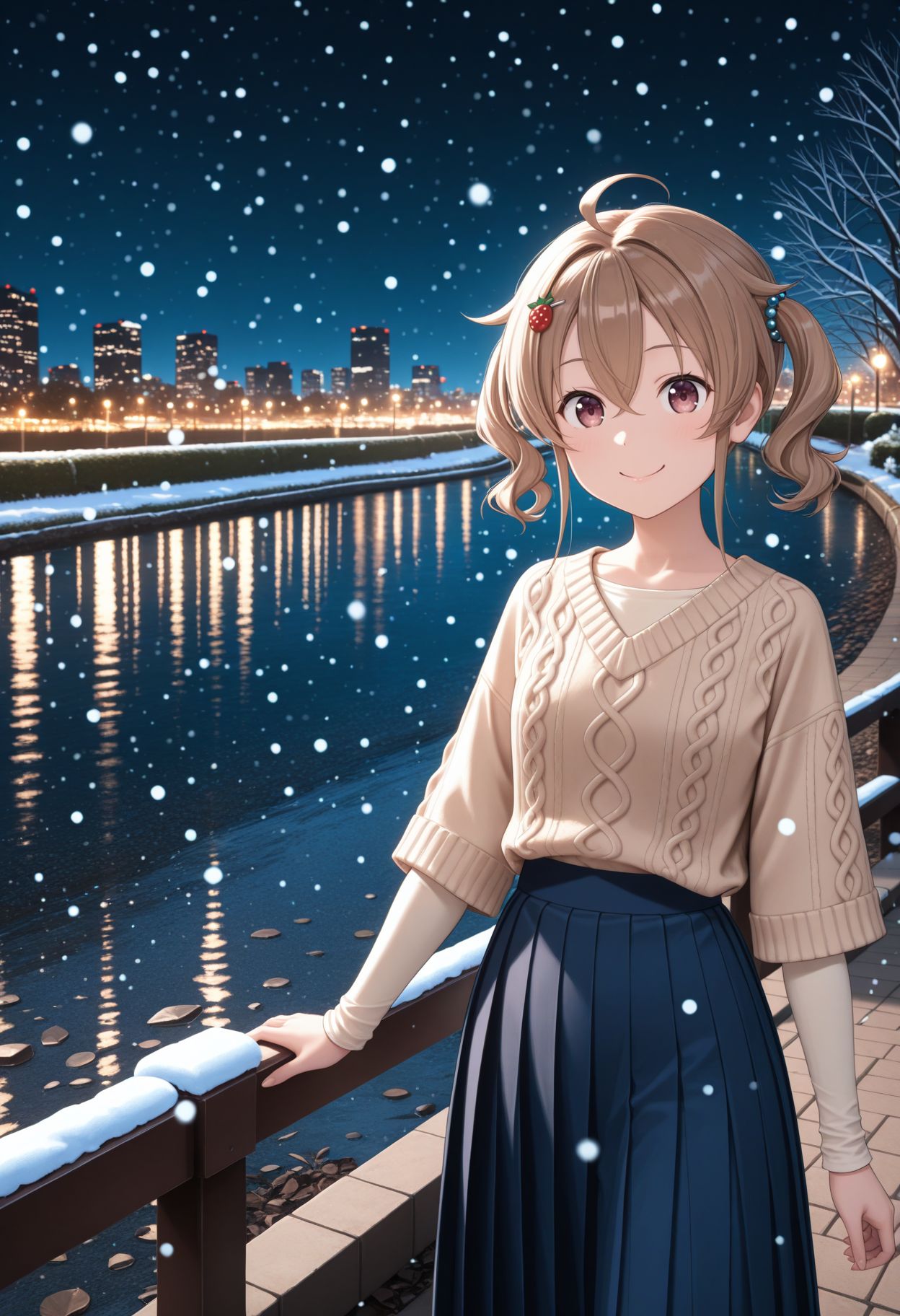 masterpiece,best quality,absurdres,highres,very aesthetic,high quality,detailed,insanely detailed,beautiful,perfect lighting, looking at viewer, smile, 
 <lora:Kimie Nagasawa :1> short hair, brown hair, twintails, ahoge, hair between eyes, hair ornament, food-themed hair ornament,  aran sweater, beige shirt, short over long sleeves, blue long skirt, pleated skirt, outdoors, snowing, night, park, stream, city lights