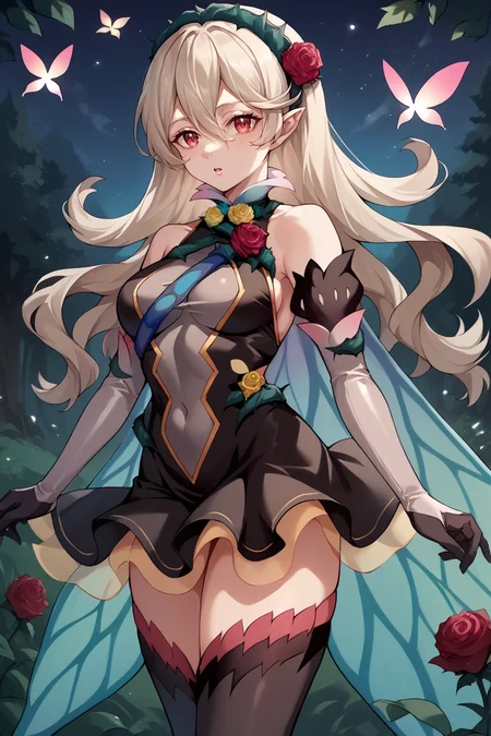 score_9, score_8_up, score_7_up, score_6_up, source_anime, BREAK 1girl, looking at you <lora:corrin-pdxl-nvwls-v1-000005:1> respCor, hair ornament, rose, black dress, bare shoulders, elbow gloves, fairy wings, black thighhighs, night sky, medium breasts, forest, night, dark, chestnut mouth