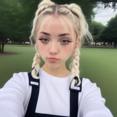 melanie, perfect face, clothes in a 2000s style, beautiful freckle makeup, light blonde and brunette highlights color hair,in the park, space buns hair style, braces, perfect face
