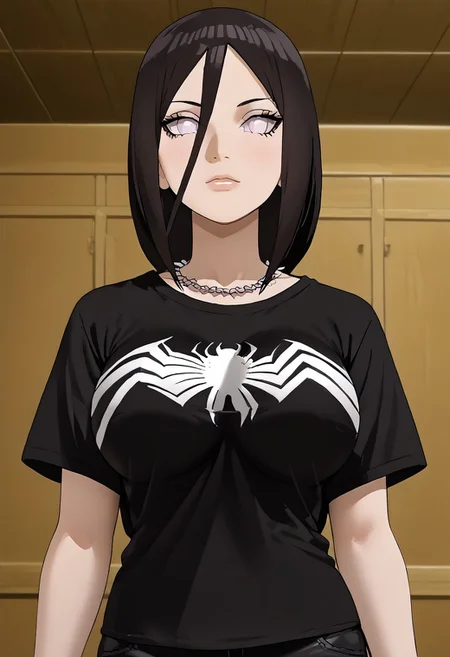 score_9, score_8_up, score_7_up, score_6_up, source_anime,rating_explecit,anime coloring, 1girl , details, <lora:Expressive_H:1> <lora:She Venom LoCon:1> she venom, black detailed t-shirt, full black clothes, black t-shirt, big symbols spider , perfect symbols spider, big logo spider white on T-shirt, short T-shirt, short pants,black necklace, spiked necklace,gothic girl,<lora:Symbiote:0.6>,large breast,solo, 1girl, <lora:hanabi-hyuuga-boruto-anime-ponyxl-lora-nochekaiser:1>, hanabi hyuuga, long hair, black hair, hair between eyes, Goth girl 1girl,perfectly round breasts, biggest breast,