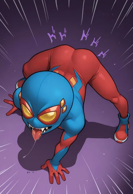 1boy, male focus, cute boy, BaileyBriggs, Mask, Yellow Eyes, Spiderboy Costume, Two-tone Bodysuit, Red Bodysuit, Blue Bodysuit, fangs, tongue, saliva, menacing, cinematic, intricately detailed illustration, depth of field, masterpiece, best quality, amazing quality, very aesthetic, absurdres, newest, very awa, shadow, dynamic angle, casual cosplay, dynamic pose, action pose,