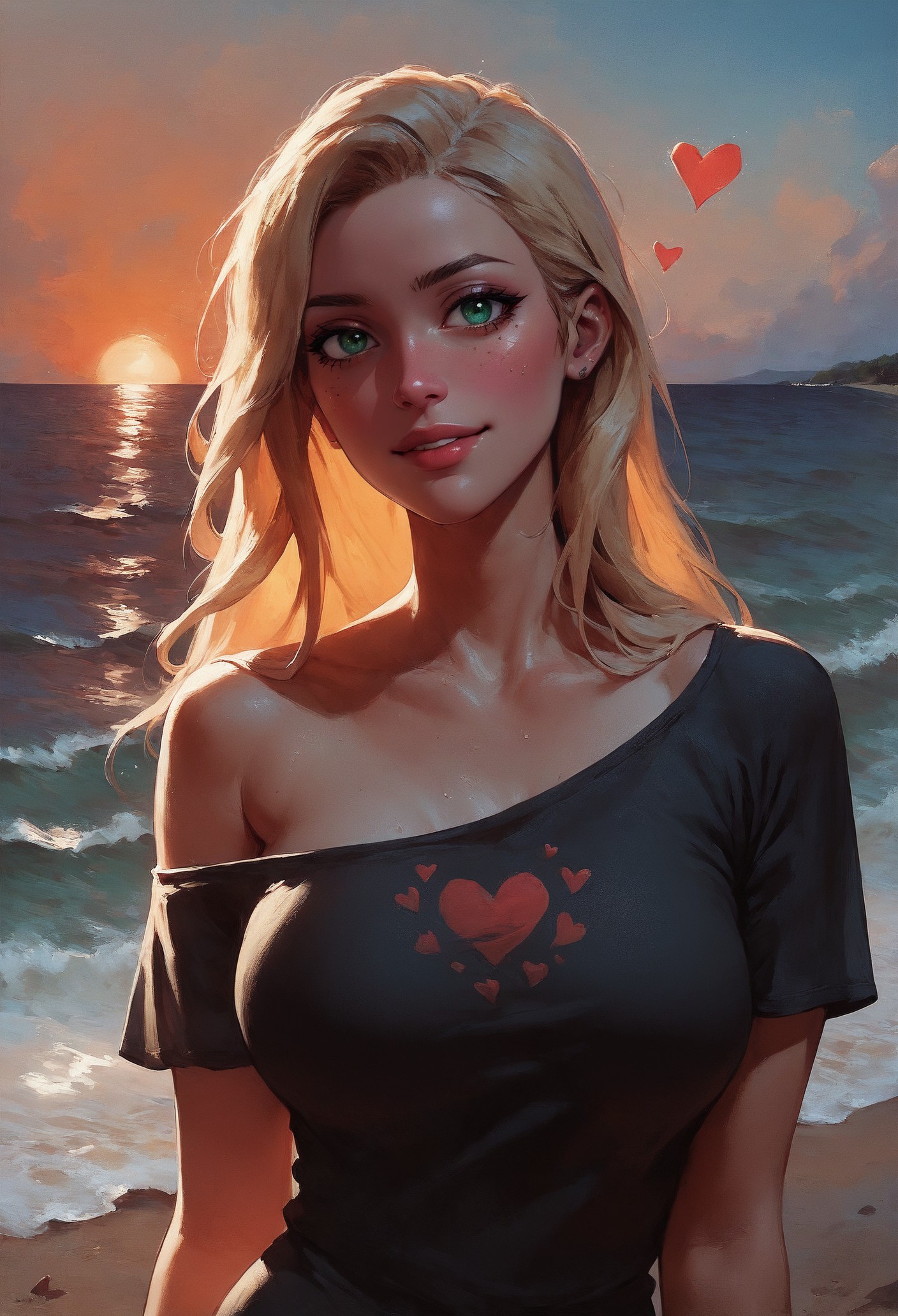 score_9, score_8_up, score_7_up, 1girl, black shirt, sea, beach, long hair, blonde hair, heart, curvy, romantic, sunset, (from front), upper body, impressionism <lora:sdxl\Concept Art Twilight Style SDXL_LoRA_Pony Diffusion V6 XL:0.8> <lora:sdxl\sinfully_stylish_SDXL:1>