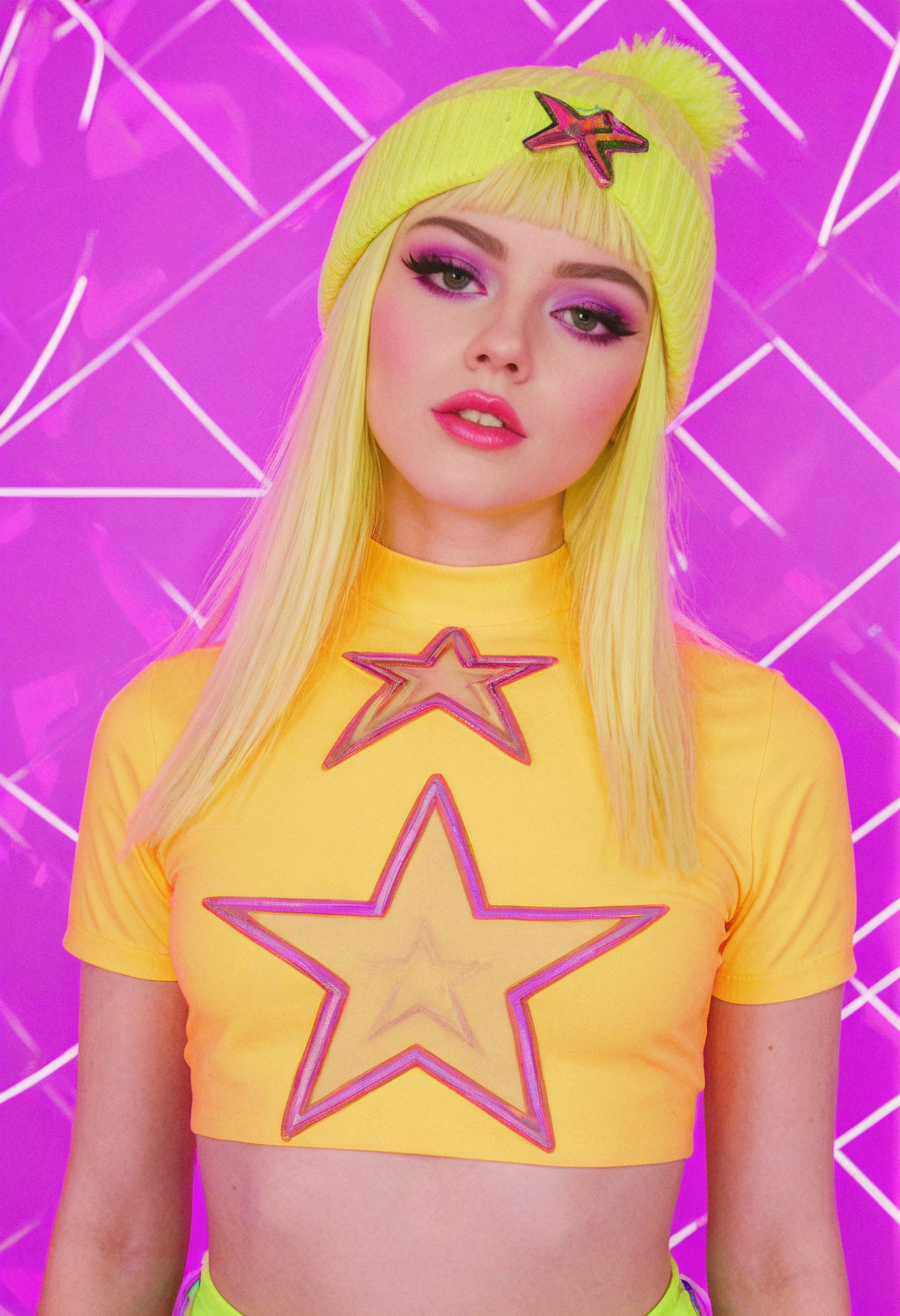 fire, teeth, star (symbol), spoken heart, 
full torso photo of a cute girl, solo, small neon color beads in hair, colorful hair accessories, confident pose, layered neon color streetwear outfit, (crop top tshirt:1.2), neon color hairstyle, high-fashion portrait, avant-garde look, 1girl, very pale skin, platinum blonde hair, asymmetrical haircut, dramatic bangs obscuring eyes, edgy beauty, slender petite build, long straight (neon color hair), black eyeliner, heavy mascara, bold neon color lips, (neon color beanie), mysterious aesthetic, 
fashion editorial lighting, vibrant tone lighting, fashion photography style, edgy aesthetic, modern alt look, high detail, cinematic sharpness, 
solid neon color background, (retro geometric designs, 90s),
high detail, high resolution, high-resolution fashion editorial, expressive lighting, vibrant colors, creative composition
 <lora:dmd2-sdxl-4step:1> <lora:sm0k-000006:1> <lora:neoncolors2:0.6>