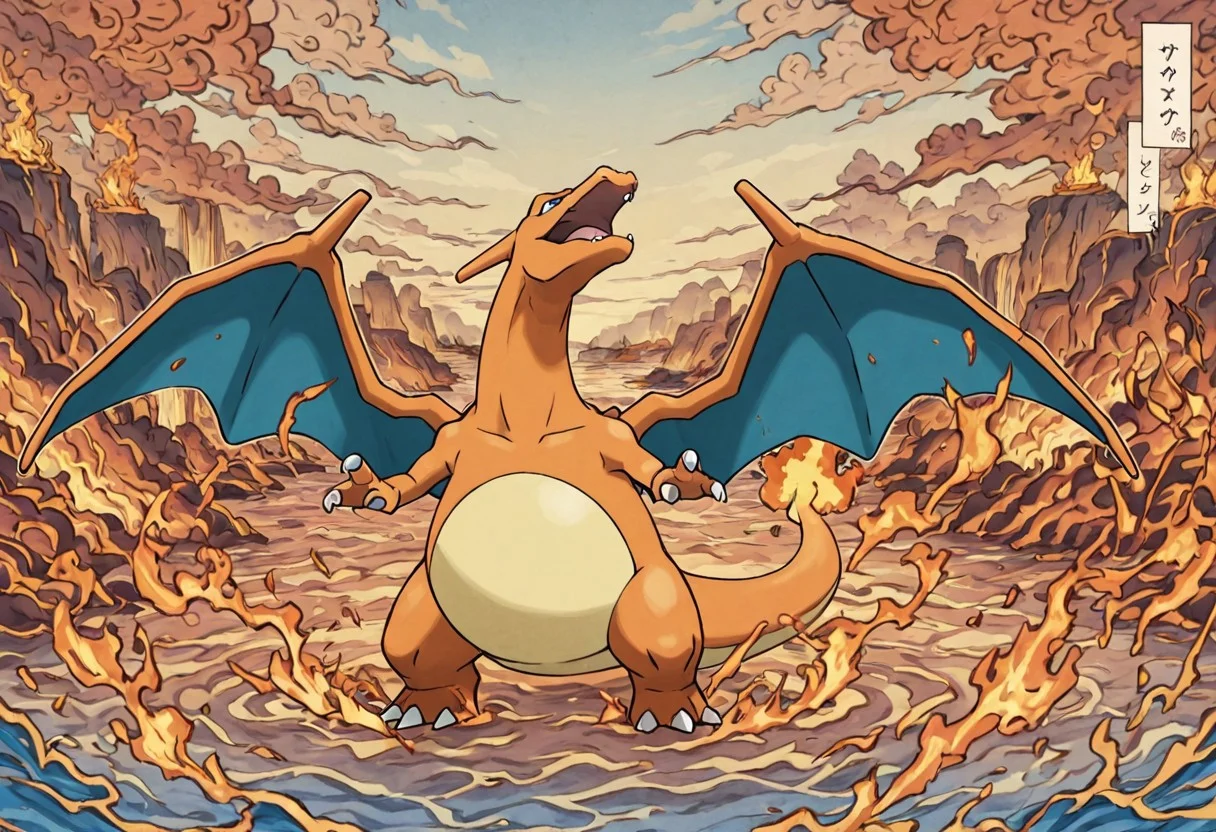 pokemon (creature), style, thick lines, outline, no humans, pokemon (creature), charizard, solo, fire, cloud, water, molten rock, outdoors, sky