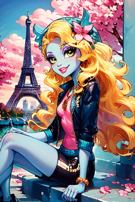 score_9, score_8_up, score_8, medium breasts, (curvy), cute, eyelashes, ,,, , ,,, zzLagoona, green eyes, yellow eyes, blonde hair, blue hair, curly hair, hair flower, hair ornament, long hair, multicolored hair, wavy hair, blue skin, makeup, jewelry, lipstick, necklace, bracelet, eyeshadow, flower, pink shirt, black shorts, black jacket, <lora:Lagoona_MH_PDXL:1.0>, ,,,, BREAK, zzEiffelTower in background, sitting, watercraft, boat, sitting on wall, side view, looking at viewer, smile, ,,, BREAK, blooming stars, luminescent petals, otherworldly fragrance blurry background, ,,, embedding:zPDXL, Expressiveh, ,,, <lora:EiffelTowerPDXL:1.0>, <lora:CatalystStylePDXL:0.6>, <lora:SDXLFaeTastic2400:0.5>, <lora:Expressive_H-000001:0.4>,