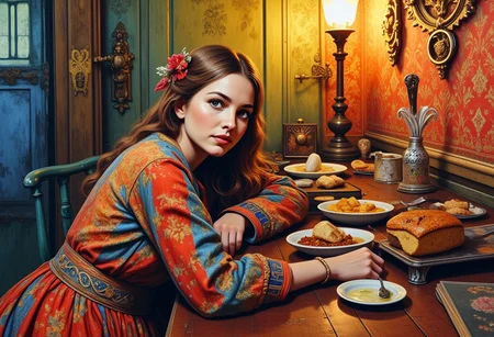 stunning hyper realistic 8k, Watercolour painting, Old beautiful, intricate, a copper coloured angel on an old table, deep colours, detailed matte painting, fantastic, complementary colours, fantasy concept art, 8K resolution, Trending_on_Artstation, 2D cell shading, colourful, polychromatic , beautiful eyes, she looks into the camera, realistic oil painting, intricate extremely detailed hyperdetailed Diego Gisbert Llorens fantasy