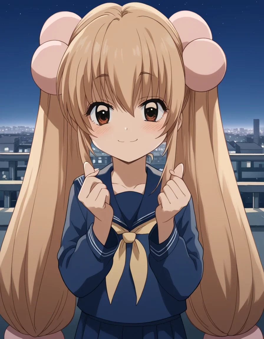 score_9, score_8_up, score_7_up, source_anime, <lora:rin-kokonoe-s1-ponyxl-lora-nochekaiser:1>, rin kokonoe, long hair, brown hair, hair ornament, twintails, brown eyes, very long hair, hair bobbles,, school uniform, serafuku, long sleeves,, city skyline, rooftop view, night time, city lights, quiet reflection, smile, <lora:finger-heart-ponyxl-lora-nochekaiser:1>, finger heart, heart, blush, smile,, looking at viewer, solo,, dutch angle, cowboy shot
