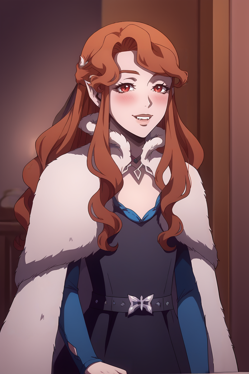 score_9, score_8_up, score_7_up, score_6_up, score_5_up, score_4_up, flat color, source_anime, 2d, BREAK. 
indoors, blush, smile, looking at viewer, BREAK. 
black dress, long dress, long sleeves, fur trim, fur cloak, brown footwear, belt, BREAK.
<lora:Lenore_v1:1>, 1girl, solo, pale skin, vampire, fangs, pointy ears, red eyes, brown hair, long hair, sidelocks, parted bangs, wavy hair, braid, jewelry, necklace, ear piercing,