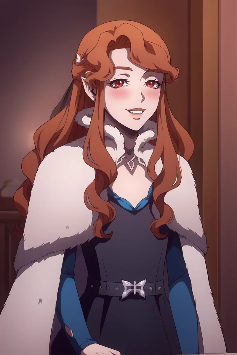 score_9, score_8_up, score_7_up, score_6_up, score_5_up, score_4_up, flat color, source_anime, 2d, BREAK.
indoors, blush, smile, looking at viewer, BREAK.
black dress, long dress, long sleeves, fur trim, fur cloak, brown footwear, belt, BREAK.
<lora:Lenore_v1:1>, 1girl, solo, pale skin, vampire, fangs, pointy ears, red eyes, brown hair, long hair, sidelocks, parted bangs, wavy hair, braid, jewelry, necklace, ear piercing,