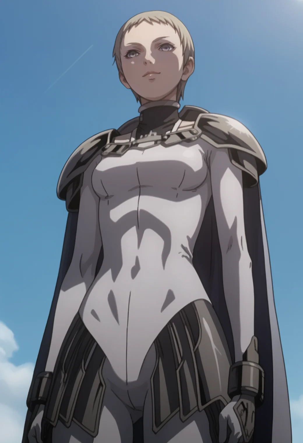 score_9, score_8_up, score_7_up, source_anime, BREAK , white background,1girl, solo, <lora:DX888Deneve:1> deneve, bodysuit, pixie cut, pauldrons, cape, light smile, , from below,
