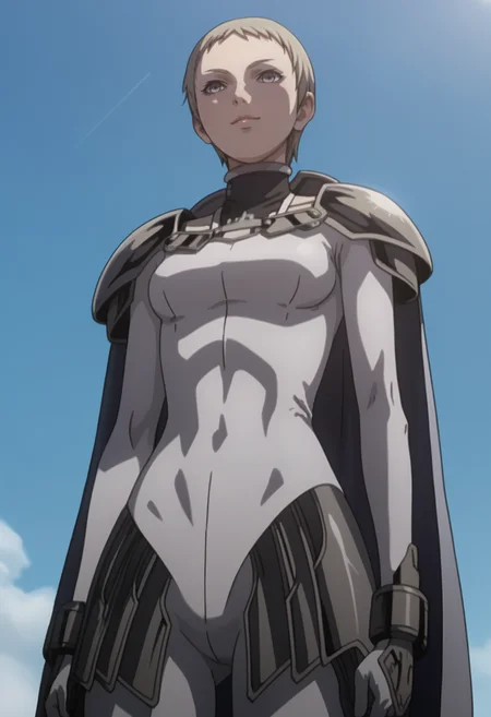 score_9, score_8_up, score_7_up, source_anime, BREAK , white background,1girl, solo,  <lora:DX888Deneve:1> deneve, bodysuit, pixie cut, pauldrons, cape, light smile, , from below,