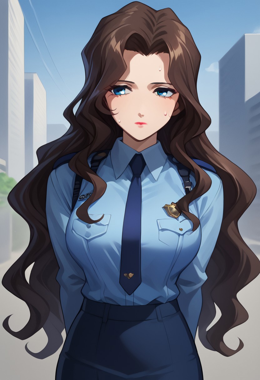 score_7_up, score_6_up, <break> solo, 1futa, Aoi Futaba, sweat, expressionless, looking away, standing, arms behind back,brown hair, long hair, wavy hair, blue eyes, lipstick, police uniform, policewoman, blue jacket, sleeveless jacket, blue necktie, white collared shirt, long sleeves shirt, blue pencil skirt, large breasts, blue sky, outdoors, city,