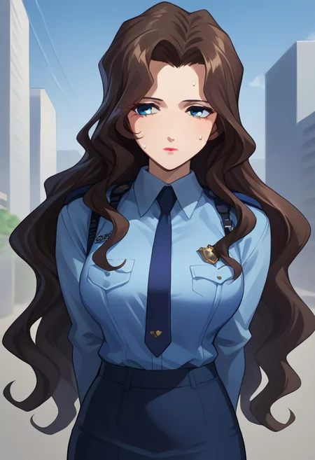 score_7_up, score_6_up, <break> solo, 1futa, Aoi Futaba, sweat, expressionless, looking away, standing, arms behind back,brown hair, long hair, wavy hair, blue eyes, lipstick, police uniform, policewoman, blue jacket, sleeveless jacket, blue necktie, white collared shirt, long sleeves shirt, blue pencil skirt, large breasts, blue sky, outdoors, city,