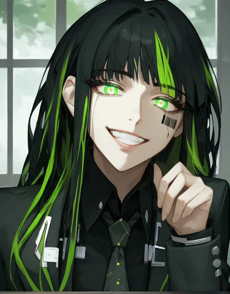 (score_9, score_8_up:1.1), score_7_up, masterpiece, <lora:Alfonso_Limbus_Model_V2:1>, AlfonsoLimbus, barcode face tattoo, solo, long hair, looking at viewer, bangs, black hair, 1girl, very long hair, green eyes, female focus, multicolored hair, green hair, two-tone hair, streaked hair, ((perfect eyes, beauty eyes, perfect face, beauty face, normal iris, normal pupil)), upper body, sitting at the table, shirt, jacket, necktie, collared shirt, coat, black jacket, head tilt, black shirt, formal, suit, grin