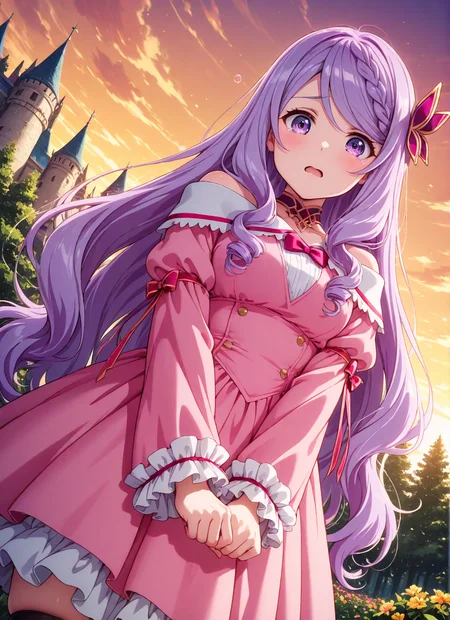 source_anime BREAK prefect lighting,very aesthetic,prefect hands,best quality,
intricate details,highly detailed background,(masterpiece:0.9),high quality,lustrous_skin,skindentation,(zPDXL3),
ultra delicate hair,
face_detail,
skin_detail,<lora:cfg_scale_boost>,
lustrous_skin,skindentation,
shiny skin,
<lora:seirei_gensouki_-_flora_beltrum_il:0.7>,flora_beltrum,very_long_hair,purple_hair,swept_bangs,braided_bangs,hair_ornament,purple_eyes,
choker,bow,pink_dress,off-shoulder_dress,frills,
masterpiece,best quality,ultra-detailed,Best-A,Medium-B,Low-C,Bad-D,cute,light_blush,dynamic_angle,
looking at viewer,scared,in summer,castle,park,flowers meadows,open mouth,from_below,teardrop,
