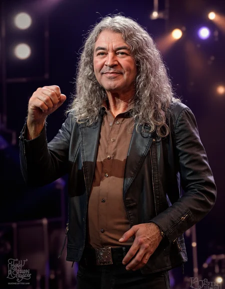 Create a highly detailed, photorealistic yet artistic portrait of Ian Gillan, the legendary vocalist of Deep Purple, depicted in his later years. The portrait should capture his mature features: a weathered yet expressive face with deep-set eyes that radiate wisdom, experience, and the soulful intensity of a lifelong performer. Include his signature long, flowing hair (now silver or gray), which retains its rockstar flair, and his characteristic facial features, such as prominent cheekbones and a warm, slightly rugged smile. His expression should convey both resilience and kindness, reflecting his enduring passion for music and connection with fans.,
Dress him in attire that reflects his classic rock style, such as a sleek leather jacket, a casual shirt (perhaps unbuttoned), and dark jeans, symbolizing his timeless appeal as a rock icon. Pose him in a relaxed yet commanding manner, perhaps holding a microphone or standing confidently with one hand raised, evoking his dynamic stage presence and powerful vocal delivery.,
The mood of the artwork should be reflective yet energetic, evoking the spirit of a man who has lived a life of music, adventure, and introspection. Use soft, diffused lighting to highlight his features, with subtle shadows emphasizing the texture of his skin and hair. Incorporate symbolic elements in the background or composition, such as faint silhouettes of concert stages, swirling spotlights, or lyrics from iconic songs like Smoke on the Water or Child in Time, to allude to his legendary career. A faint haze or glowing aura could evoke the raw energy of live performances and the enduring legacy of his voice.,
Style: A blend of hyperrealism and impressionistic touches, inspired by the works of artists who capture the essence of musicians in their later years. Use a rich color palette dominated by warm, earthy tones (browns, grays, and golds) contrasted with vibrant accents (deep purples, electric blues) to create a sense of balance between maturity and vibrancy. Ensure the composition feels harmonious and immersive, inviting viewers to feel the depth of Ian Gillanâs journey as a rock legend and storyteller, <lora:IAN_GILLAN:1>