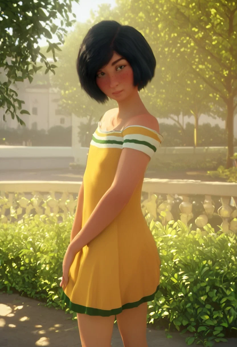mariolina_yellow_rtzbb, 1girl, tanned skin, short black hair, thick eyebrows, dark green eyes, freckles, small yellow dress with with green and white strides (green pocket on the right bottom side of her dress), short sleeves, long white socks, red sneakers with white laces, score_9_up, score_8_up, score_7_up, BREAK, 1girl, solo, from behind, looking back, head tilt, looking at viewer, ultra detailed, detailed background, park, masterpiece, best quality, 8k, Expressiveh, realistic, 3d, portrait, cowboy shot, flat chest, handfixer
