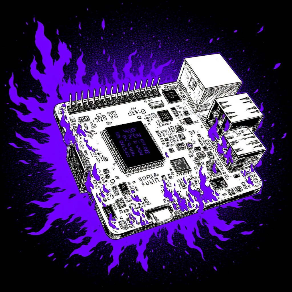 A hand-drawn cyberpunk anime illustration of a Raspberry Pi board engulfed in flames. The board's GPIO pins, processor, and various ICs are clearly visible. Monochrome palette using black and white for the board details, with solid purple used only for the stylized fire. Set against a dark background. Sharp contrast between the intricate electronic components and the dynamic flames.