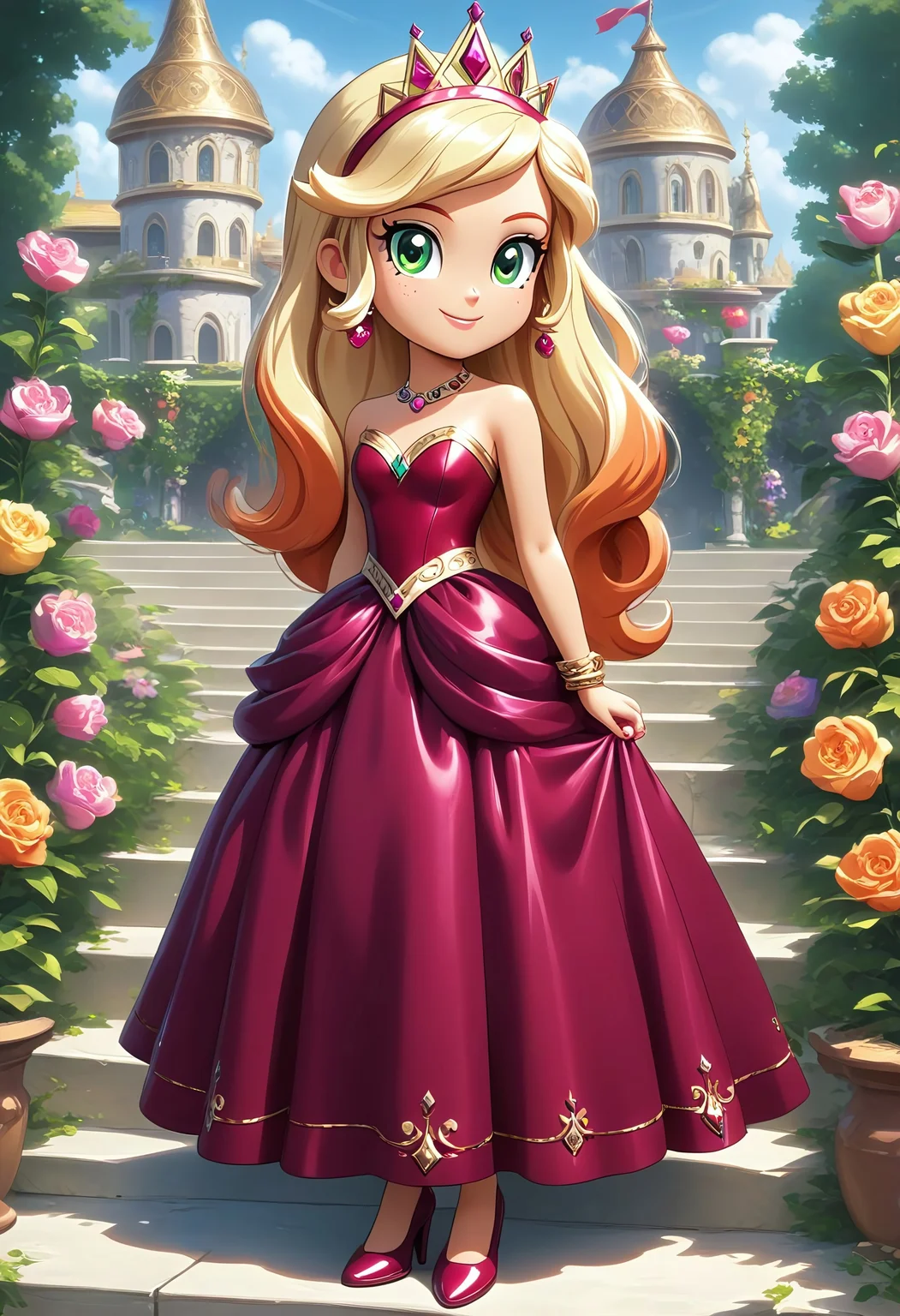 score_9, score_8_up, score_7_up, score_6_up, source_cartoon, rating_safe, My Little Pony Equestria Girls, very young little human girl Applejack wearing a fit green|brown|darkpurple|wine|red gradients colors short princess dress, elegant detailed princess shoes, solo, 1girl, little princess girl, gradient golden blond hair with crown hairband, smile, childhood, looking at viewer, glow detailed eyes, garden of canterlot, tul, chiffon, laces, semi realistic cartoon, unreal engine 5, full body close-up, absurdres, digital art, soft light, perfect hands, perfect, hands, perfection, soft orange skin, green eyes, apples accesories and shoes, jewelery, tres chic,<lora:age_slider_v4:-4>,