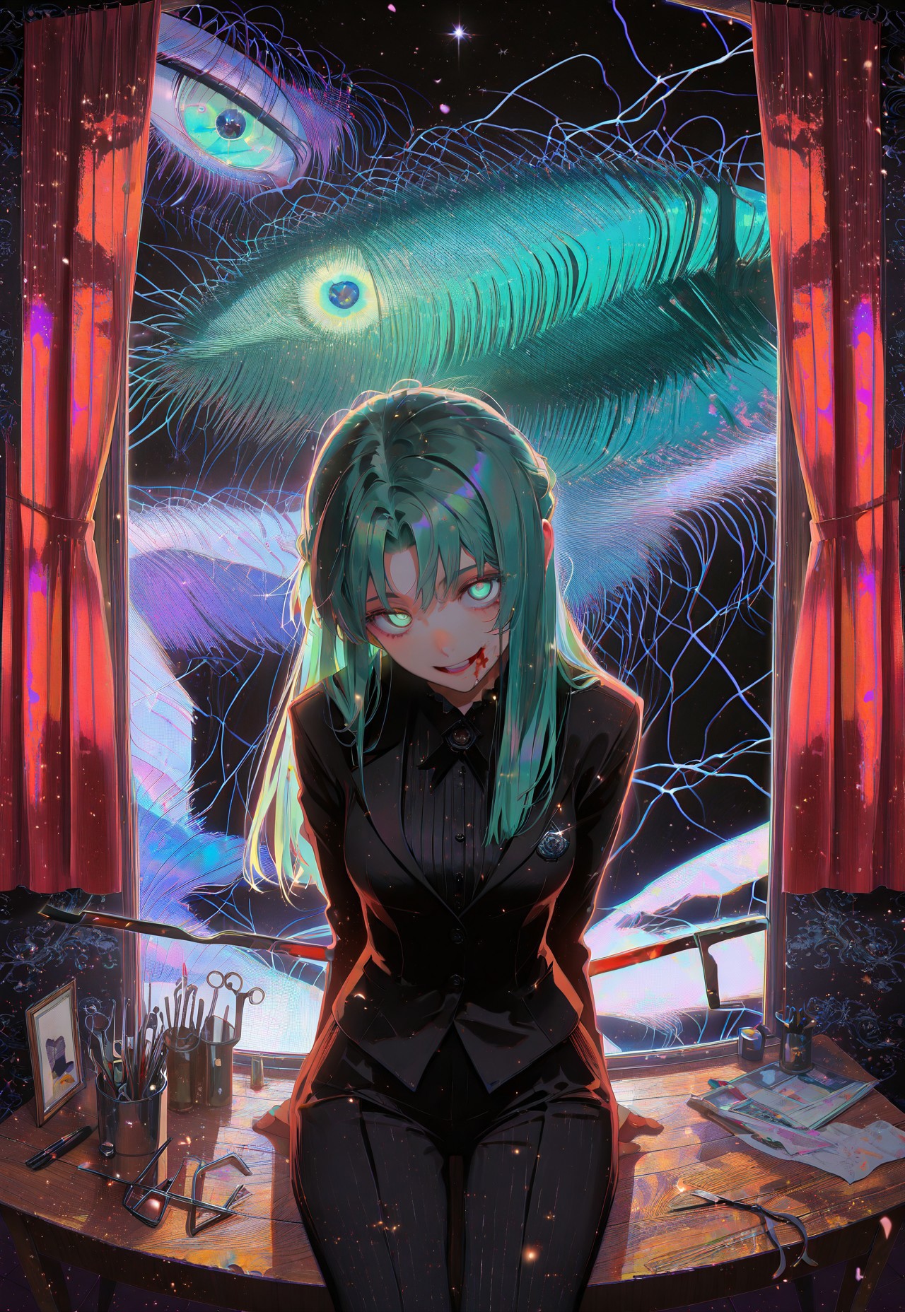 safe_pos, 1girl, sonozaki shion, solo, sitting on wooden table BREAK green eyes, green hair, glowing eyes, long hair, half updo, butler outfit, wooden table,  sitting on table, head tilt, (looking at viewer:1.0), blood on face, blood splatter, red curtains, closed curtains, fancy room, indoors, excessive blood, crazy eyes, arms behind back, surreal wide smile, window with night view, dim background, backlighting, indirect lighting, red tint, spectral rays,Cinematic Lighting, shadows, close-up, illuminating face, tools on table, scissor, pliers,crowbar, white table cloth, velvet theme, vibrant colors, textured surfaces, depth of field, black windows, night outside, pitch black night, darkness, dark, at table, horror theme, night, black sky, horror, glitch,abstract,mhh,

(sexy),  dynamic light, beautiful light,

raytracing, ambient occlusion, detailed background,

masterpiece, best quality, amazing quality, very aesthetic, absurdres, newest, huge filesize, (by dino_(dinoartforame):0.4), (ask_(askzy):0.6), (by sakuraba yuuki:0.3), (ilya kuvshinov:0.2), (incase:0.65), 